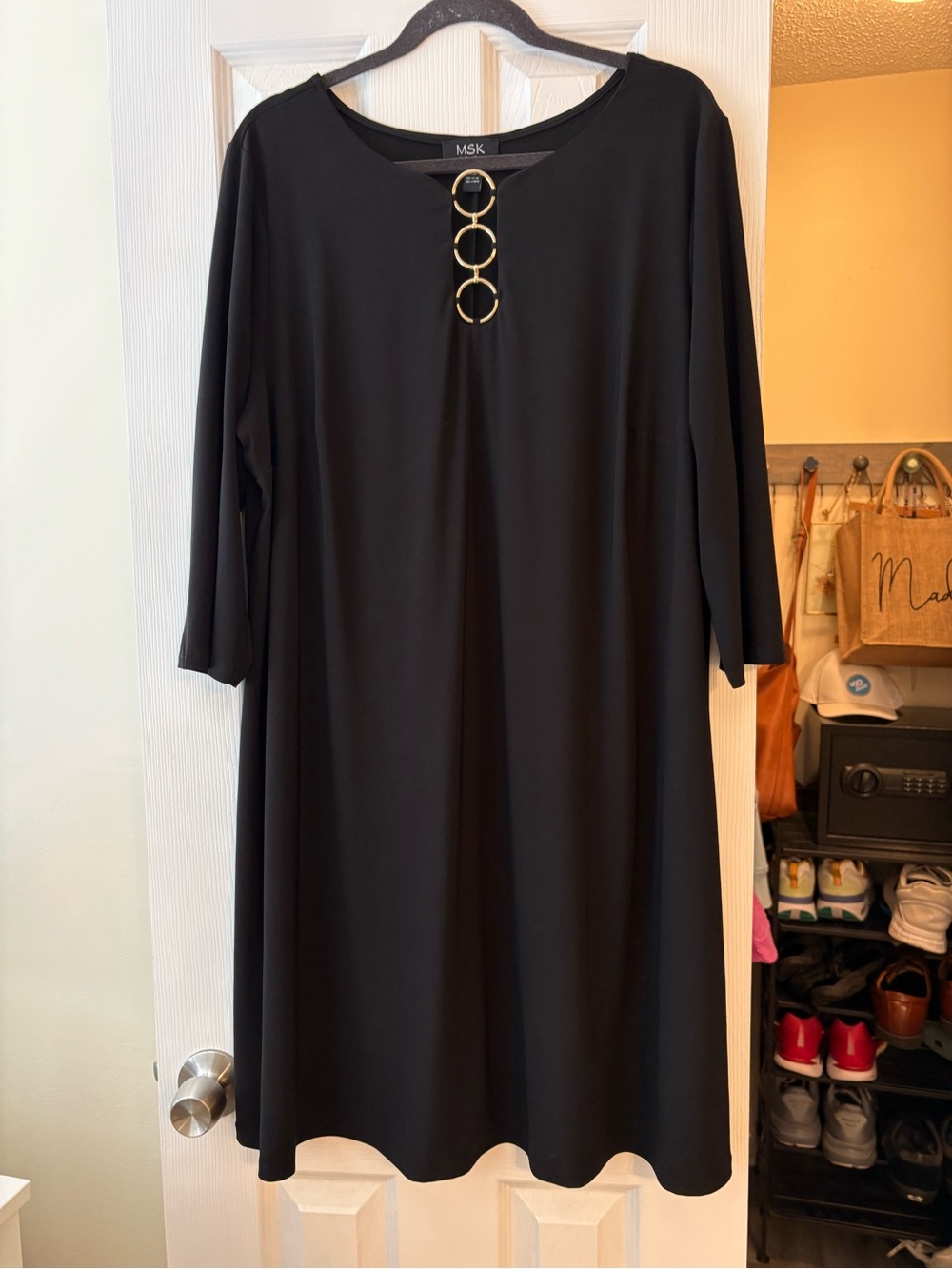 MSK Black Long-Sleeve Shift Dress with Gold Ring Detail